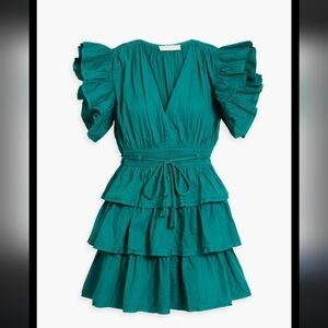 NWT Ulla Johnson Camilla Tiered Pintucked Cotton Poplin Mini Dress Teal Size 6